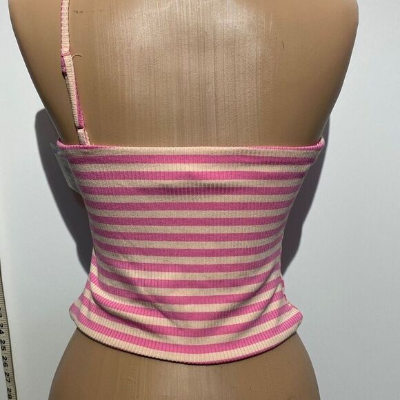 AFRM Women's One Shoulder Spaghetti Stripe Rib Saddle Top Pink/White Size M NWT - Picture 4 of 10